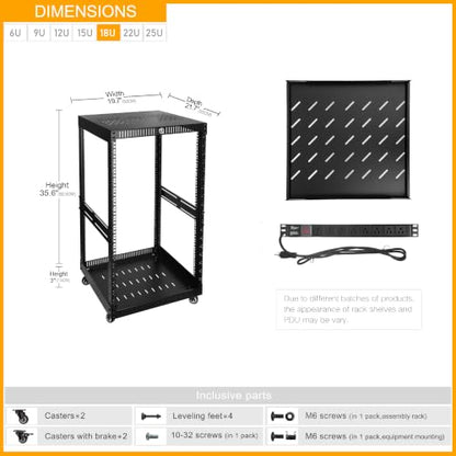 RIVECO OFCO 18U Network Rack with Reinforced Top & Bottom Vented Plates - 4 Rolling Wheels Floor Standing Rack for 19" Equipment & Stereo Gear - Including 1PCS Rack Shelf & Rail Mount PDU - size: 18U