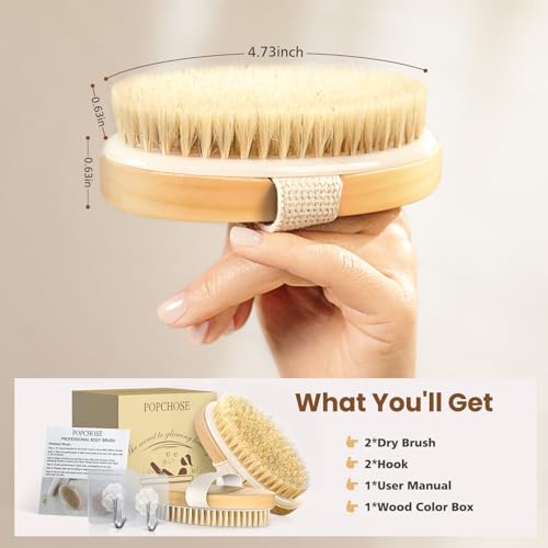 POPCHOSE Dry Brushing Body Brush, 2 Pack Boar Bristle Exfoliating Brush | Natural Boar Bristle Body Brush, Dry or Wet Exfoliating Shower Scrub Brush for Smoother Skin, Self Care Routine Gift - size: 2 Count (2*Boar Bristles)