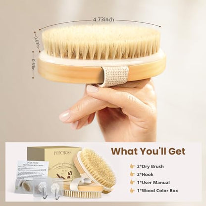 POPCHOSE Dry Brushing Body Brush, 2 Pack Boar Bristle Exfoliating Brush | Natural Boar Bristle Body Brush, Dry or Wet Exfoliating Shower Scrub Brush for Smoother Skin, Self Care Routine Gift - size: 2 Count (2*Boar Bristles)