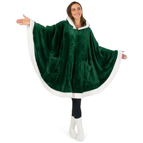 PAVILIA Hooded Blanket Poncho for Women, Fleece Wearable Shawl Wrap, Green | Fleece Shawl Wrap with Hood, Adult Wearable Blanket, Cozy Warm Poncho Cape Throw with Pockets, Gift for Elderly Mom - color: Green
