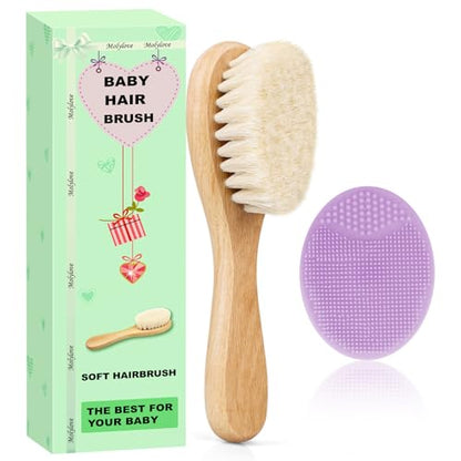Baby Hair Brush and Purple Cradle Cap Brush Set for Newborns and Toddlers, Wooden Baby Hair Brush Set with Soft Goat Bristle, Baby Hair Care Kit 2PCS - color: Purple