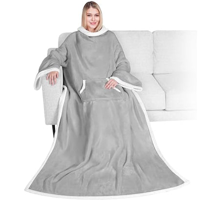 PAVILIA Sherpa Wearable Blanket with Sleeves and Pocket, Plush Thick Cozy Body Blanket Wrap for Adult Women Men, Christmas Gift for Wife Mom, Light Grey - color: Light Gray