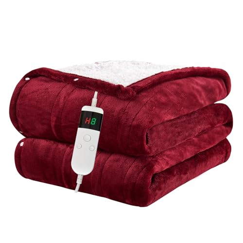 Heated Blanket Electric Throw, 50"x60" Soft Flannel Heating Blanket with 8 Hours Auto Off 10 Fast Heating Levels Machine Washable Sherpa Heated Throw Blanket with Overheating Protection - color: Red, size: Throw(50" x 60")