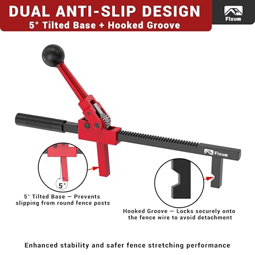 Chain Link Fence Stretcher Tool, Ratcheting Wire Fence Tightener & Puller for Woven Wire Fence, 3″–12″ Tension Range, 5° Tilted Base & Hooked Groove, One-Hand Operation for Farm & Yard, Red - color: Red