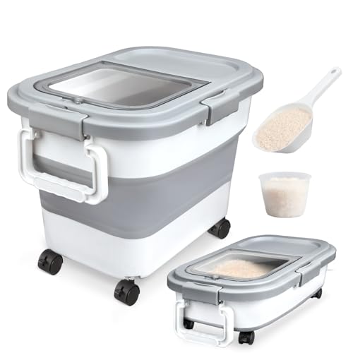 Komzon Rice Storage Container 20-30 lb, 17 lb Pet Dog Food Storage Container, Collapsible Food Storage Containers, Rice Dispenser Bin with Cup and Scoop for Flour Cereal Pasta Grain, Cat Bird Food - size: 20-30 Lbs