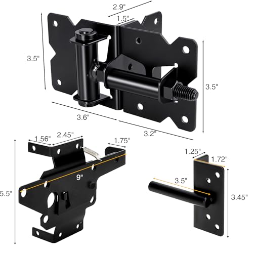 Self Closing Gate Hinge and Latch Kit for Wooden/Vinyl Fence Gate | Heavy Duty Rust Proof Gate Hardware Kit,4 Adjustable Self Closing Hinges & 2 Post Mount Self Locking Gate Latch (Black)