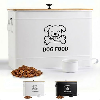 Metal Dog Food Container 15-20 lbs w/ Airtight Bamboo Lid, 70 Cup Capacity - color: White