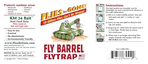 Flies Be Gone Outdoor Fly Trap 6-Pack - Reusable Container, Patent Pending Screw Lid, Suspension Strap & 12 Protein-Powered Attractant Packs - Best Fly Catcher for Outdoor Home and Commercial Use.