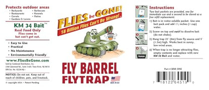 Flies Be Gone Outdoor Fly Trap 6-Pack - Reusable Container, Patent Pending Screw Lid, Suspension Strap & 12 Protein-Powered Attractant Packs - Best Fly Catcher for Outdoor Home and Commercial Use.