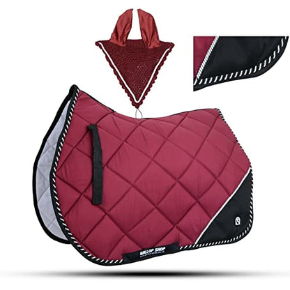 Quilted English Saddle Pad, Matching Ear Bonnet Set Breathable Riding Numnah Shock Absorbing Padding for Jumping, Schooling - color: Storm Cloud Grey