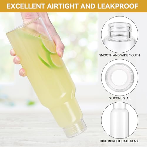 CWHHRN 34 Oz Glass Juice Bottles with Lids, 4 Pack Glass Bottles | BPA Free Leakproof Borosilicate Glass, Beverage Storage & Shaker Bottles