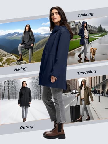 SaphiRose Women's Waterproof Rain Jacket with Fleece Lining Hooded Windbreaker Long Warm Outdoor Softshell Coat - color: Navy, size: Medium