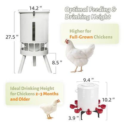 KOL 50LB Chicken Feeder & 3 Gallon Chicken Waterer Set, All-Metal 16 Port Feeder + 8 Cup Auto Waterer, No Waste, Weatherproof Poultry Feeding System Chicken Coop Accessories