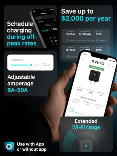 EVIQO Level 2 EV Charger J1772 48A - Hardwired 240V Wall Charging Station | up to 50 mph, 25ft Cable, Enhanced WiFi (2.4GHz), Smart App, Weatherproof Indoor/Outdoor (IP66, NEMA 4), UL & ETL Certified - size: 48