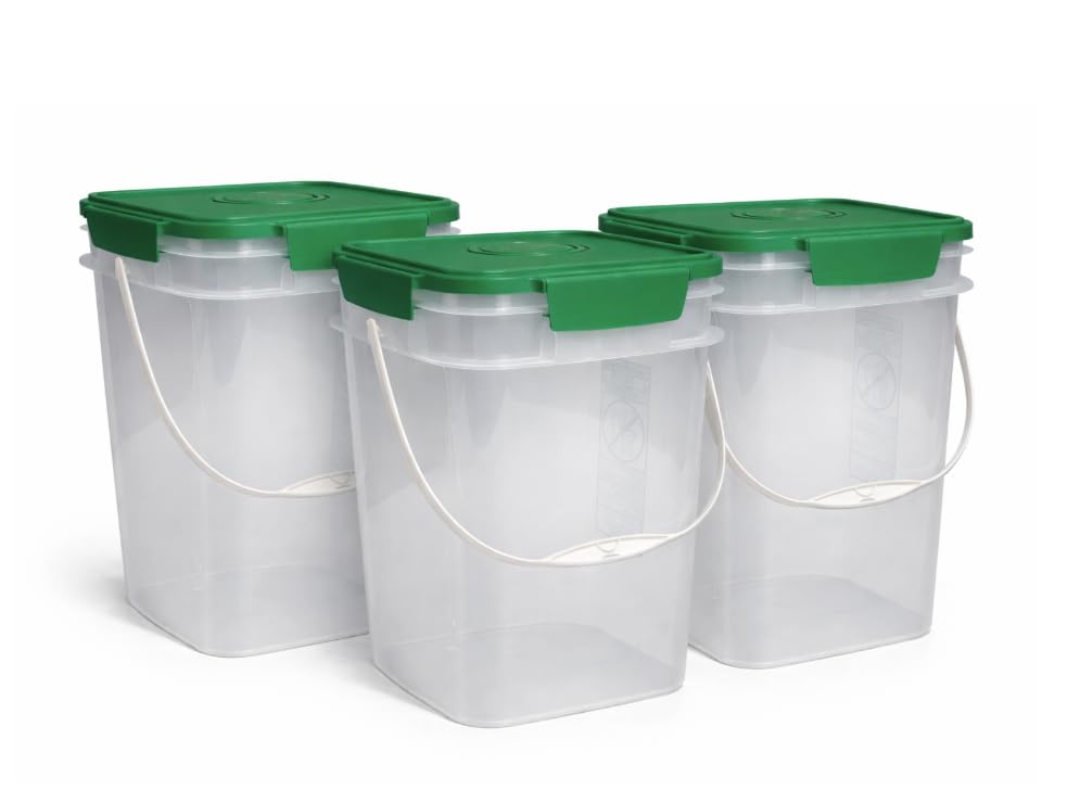House Naturals 4 Gallon Square Food Grade Bucket Pail with Plastic Handles and Lid (Pack of 3) Made in USA containers (4G SQ Clear - Green lids) - color: 4g Sq Clear - Green Lids