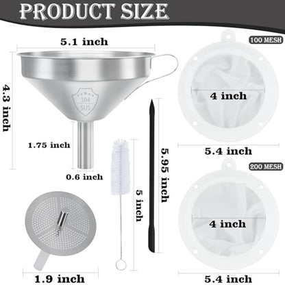 Kitchen Bottling Funnel, 5-inch 304 Stainless Steel Funnel | Funnel with Filter for Conveying Oil,Juice, Wine and Milk, Equipped with Silicone Scraper and 100 Mesh 200 Mesh Filter