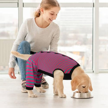 Kuoser Dog Recovery Suit with Anti Licking Rear Leg Sleeve, Rose L - color: Rose Strips, size: Large (Back Length: 40cm / 15.74")