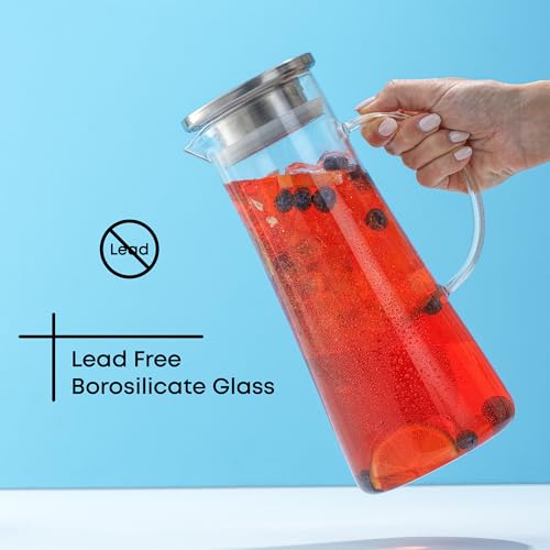 JoyJolt Glass Pitcher with Lid - 50oz Borosilicate Water Carafe, Jug with Stainless Steel Lid for Iced Tea, Lemonade, Juice, Mixed Drinks - size: 50 Ounces