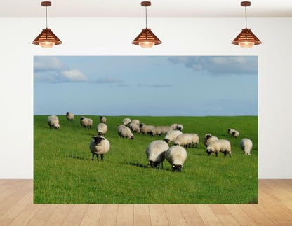 5x3ft Fabric Black Face Sheep Grassland Backdrop Flock Wool Ewes Lush Green Pasture Pale Cloud Sky Photography Background Tapestry Party Farm Rural Decorations Photo Booth Props - size: 5x3ft