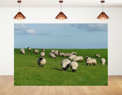 8x8ft Fabric Black Face Sheep Grassland Backdrop Flock Wool Ewes Lush Green Pasture Pale Cloud Sky Photography Background Tapestry Party Farm Rural Decorations Photo Booth Props - size: 8x8ft