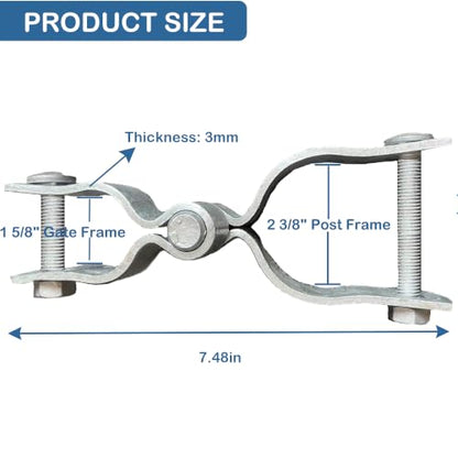 2 Pack 1-5/8" x 2-3/8" Chain Link Fence Gate Hinge Kit, Galvanized Steel Gate Hinges, Heavy Duty with 2 PCS 1-5/8" Frame Hinge and 2 PCS 2-3/8" Post Hinge, Bolts & Nuts Included - size: 1-5/8" x 2-3/8"
