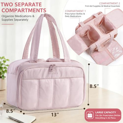 Travel Medicine Storage Bag with 2 Compartments, Wide-Mouth Medical Organizer, Puffy Lightweight First Aid Bag for Prescription Bottles, Pill Cases, Medical Supplies & Family Emergency Essentials - color: Pink