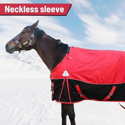 1680D All-Weather Horse Turnout Blanket with Detachable Neck Cover - 280g Medium Weight Winter Horse Blanket, Water-Resistant & Breathable for Cold Weather (72in/135cm) - color: Red&Black