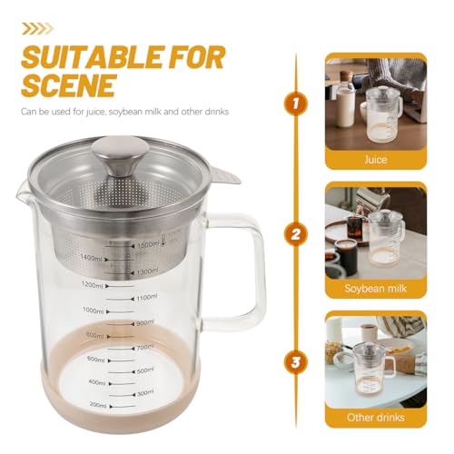 Hemobllo Soybean Milk Container with Strainer Fine Mesh Juice Strainer Pitcher for Tea Nut Milk and Juice Filtering Glass Jug 6.69 X 4.72 X 8.46 in 1 piece