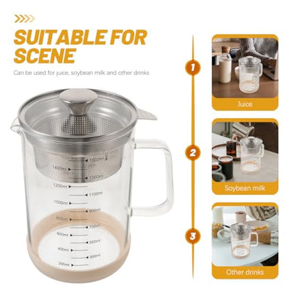 Hemobllo Soybean Milk Container with Strainer Fine Mesh Juice Strainer Pitcher for Tea Nut Milk and Juice Filtering Glass Jug 6.69 X 4.72 X 8.46 in 1 piece