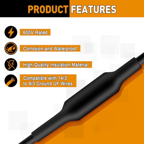 3 Sets Underground Wire Splice Kit for 14/3 to 8/3 Range Direct Burial UF Wire,600 Volts Maximum Waterproof Direct Burial Splice Kit with Connector and Heat Shrink Tubing for Electrical Cables