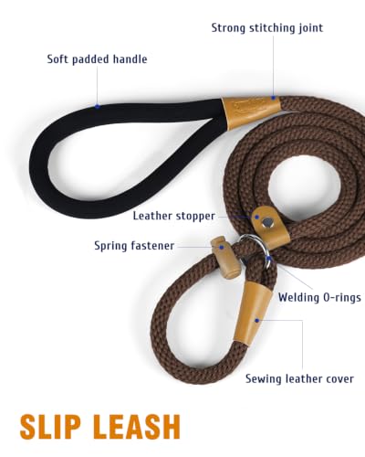 Dog Leash Slip Lead Braided Rope Pet Training Loop Leashes 5ft 6ft 8ft - color: Brown