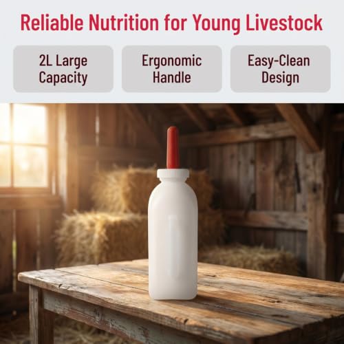 NUOBESTY 4 Pack 2L Livestock Milk Feeding Bottles with Extra Replacement Rubber Nipples, 67.6oz Large Goat Lamb Calf Bottle with Handle, Farm Animal Milk Feeder for Puppy Sheep Cattle