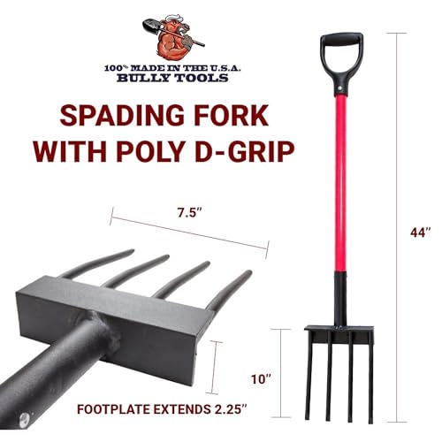 Bully Tools Spading Fork with D-Grip, 44" Fiberglass Handle