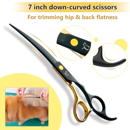 Dog Grooming Scissors-7" Dog Grooming Shears Set 5PCS Black Gold | Paint Coated Curved Scissors Thinning Scissors with Safety Round Tips, Sharp and Durable