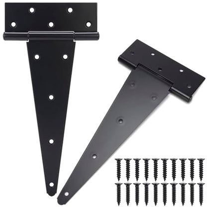 12 Inch T-Strap Gate Hinges, Shed Barn Door Hinges Heavy Duty, Black Tee Hinges for Wooden Fences, Yard Gate, Wrought Hardware Iron Rustproof (2 Pack/Set) - size: 12 Inch