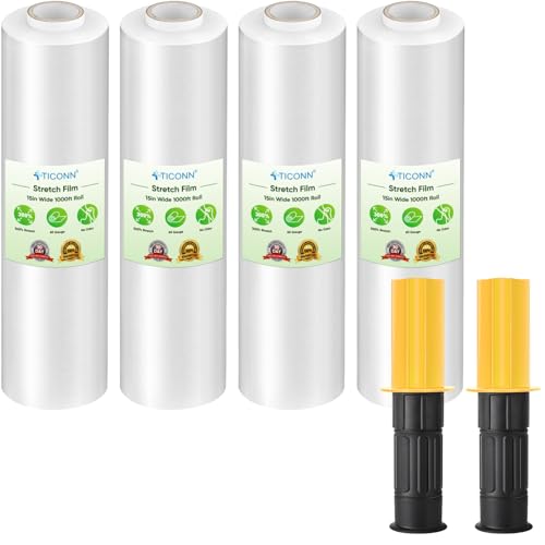 TICONN 4Pk Stretch Wrap Stretch Film Roll, 1000ft Industrial Strength 15 inch Wide Clear Plastic Wrap with Handles for Pallet Wrapping Shipping Moving - style: 15''-4PK