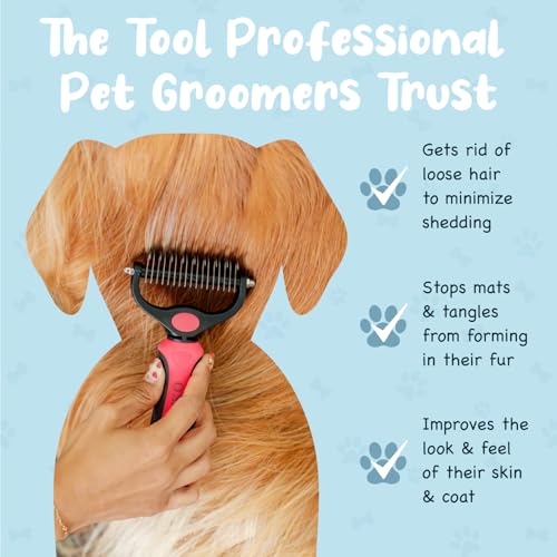 Sinko Shedding Brush For Dog and Cat, Undercoat Rake with Extra Wide Double-Sided Stainless Teeth for Detangling, Deshedding, Brushing & Removing Shed Fur, Knots, Mats, and Tangles in Pets (Pink) - color: Pink