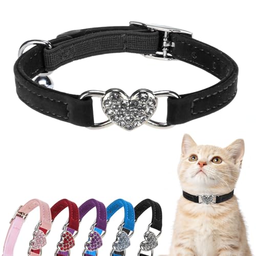 BINGPET Diamond Cat Collar with Bell, Adjustable Kitten Collar, Black - color: Black(Heart), size: Neck Girth 8"-10"