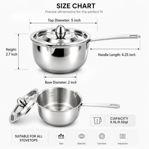 DELARLO Tri-Ply Stainless Steel Small Stainless Steel Pot with Pour Spout - color: Silver, size: 0.5QT