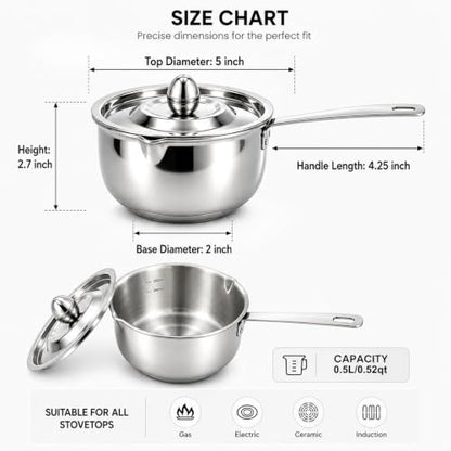 DELARLO Tri-Ply Stainless Steel Small Stainless Steel Pot with Pour Spout - color: Silver, size: 0.5QT