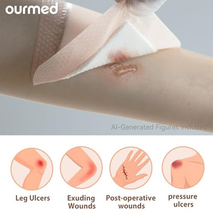 Ourmed Soft Flex Silicone Foam Dressings(4"x 4", Pack of 10) Sterile, Highly Absorbent, Waterproof, Gentle Border, Wound Care for Bed Sores, Pressure Ulcers - size: 4x 4 Inch with border