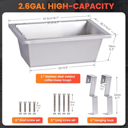 Livestock Water Trough Feeding Trough Set Goat Feeder Hanging 2.6Gal Stainless Steel Horse Trough,Chicken Feeder for Dog Livestock Deer Poultry Duck Sheep Feeding Container Piglet Feeders