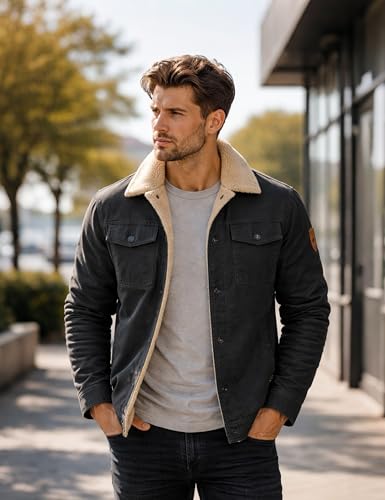 KEFITEVD Men's Winter Fleece Jacket Sherpa Lined Warm Cargo Trucker Coat - color: Dark Grey, size: Large
