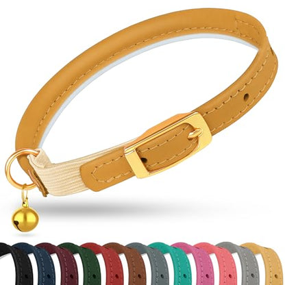 OOPSDOGGY Rolled Leather Cat Collar with Bell - Reflective Kitten Collar with Safety Elastic Strap - Adjustable Small Pet Collars for Boy Girl Cats (Camel) - color: Camel