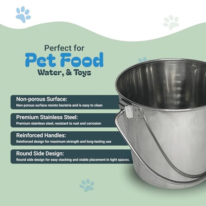 Heavy Stainless Steel Round Bucket, 9 Quart | Durable Food & Water Pail for Dogs, Cats, Kennels, Cages and Critter Crates | Multi-Purpose Bucket - size: 9 quart