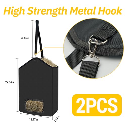 ESMING 2Pcs 600D Oxford Hanging Hay Feeder Bag Compatible with Horses Donkeys Cows Llamas Ostriches or Other Animals Suitable for Indoor/Outdoor use Black
