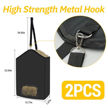 ESMING 2Pcs 600D Oxford Hanging Hay Feeder Bag Compatible with Horses Donkeys Cows Llamas Ostriches or Other Animals Suitable for Indoor/Outdoor use Black