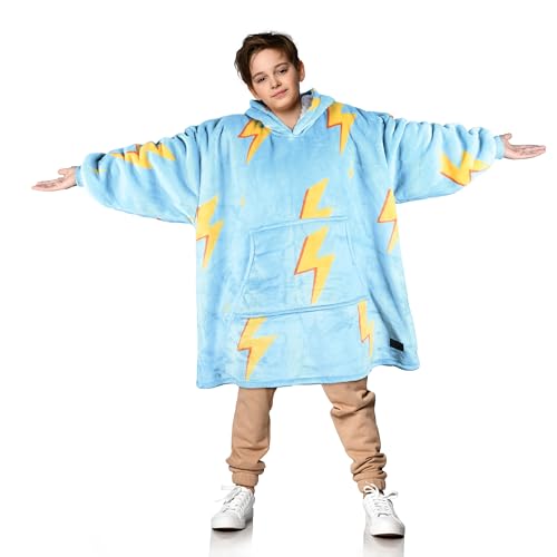 Solaris Thunder Lightning Kids Wearable Blanket Hoodie - Cozy Warm Sherpa Fleece Sweatshirt Pullover with Larger Pocket for Teens, Girls, Boys - color: Thunder Blue