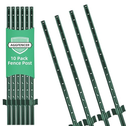 AggFencer 4.8 Ft Fence Post 10Pack, U Post for Wire Fencing | Heavy Duty No Dig Green Metal T Posts for Yard and Outdoor - size: 4.8 Ft