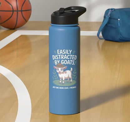 Easily Distracted by Goats Cute Coat Pygmy Goat Farmer Stainless Steel Insulated Water Bottle - color: Light Blue